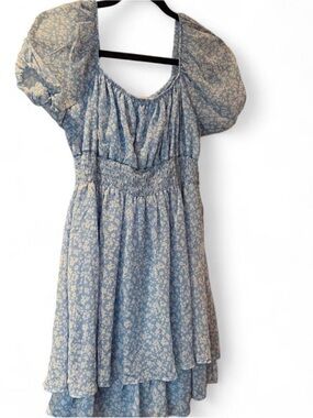 Altar'd State Blue Floral Puff-Sleeve Tiered Dress
